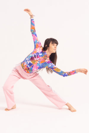 Contemporary Dance Leotard -  Long Sleeve & Shorts - Blue-Pink Tropical