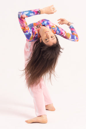 Contemporary Dance Leotard -  Long Sleeve & Shorts - Blue-Pink Tropical