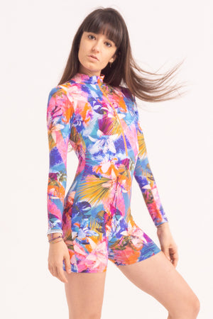 Contemporary Dance Leotard -  Long Sleeve & Shorts - Blue-Pink Tropical