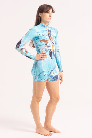 Contemporary Dance Leotard -  Long Sleeve & Shorts - Blue Surf