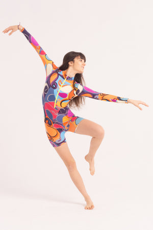 Contemporary Dance Leotard -  Long Sleeve & Shorts - Retro